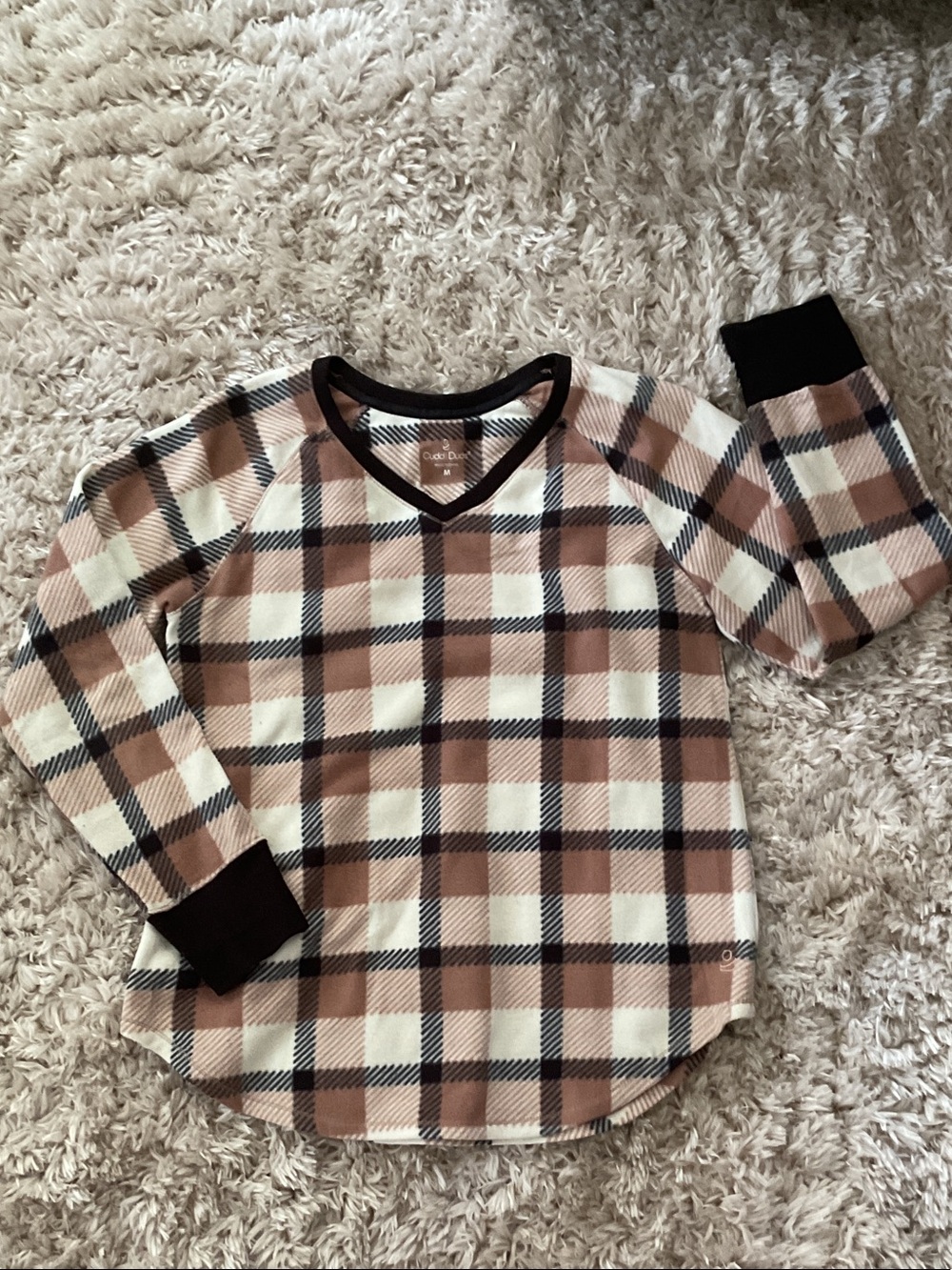 Cuddl Duds Brown, Cream & Black Plaid V-Neck Long Sleeve Top Thumb Holes